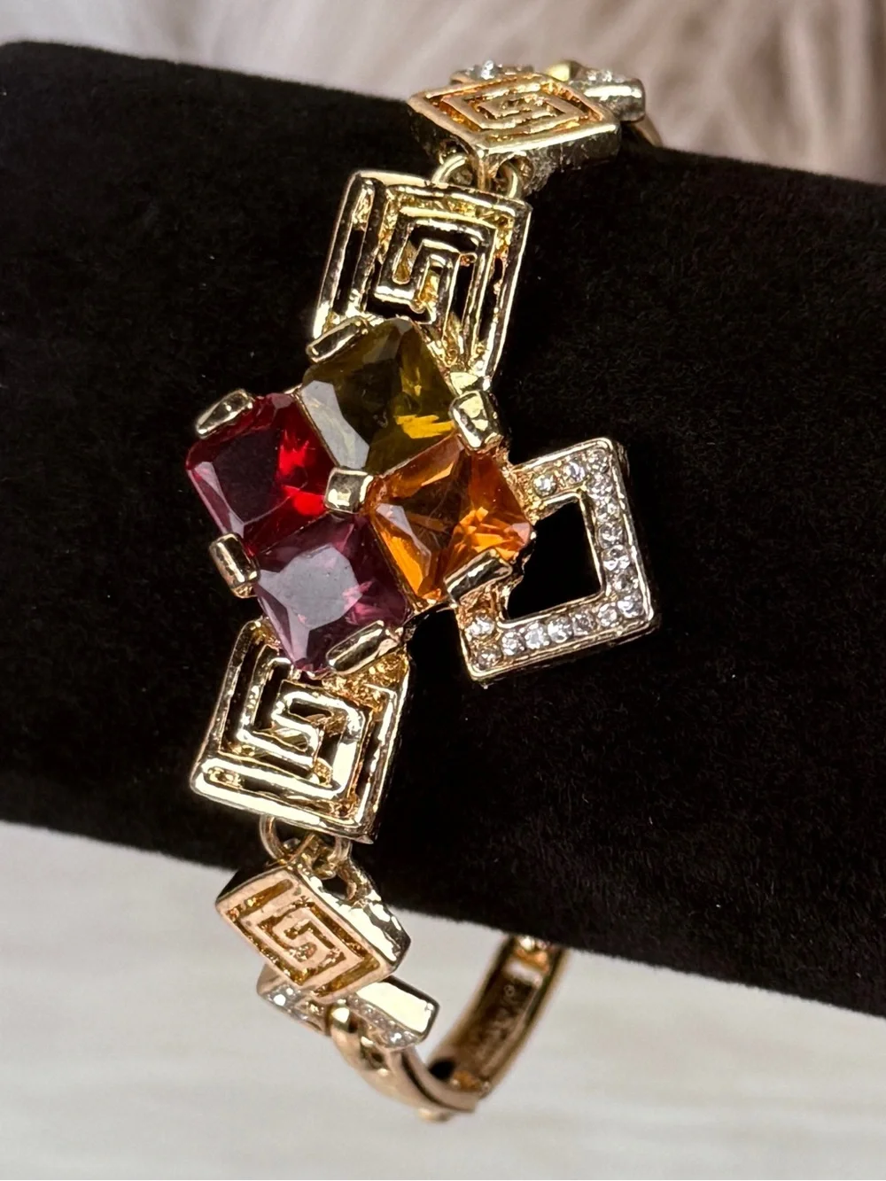 Vintage Geometric Goldtone Bracelet Multicolor Faceted Stones Greek Key Links